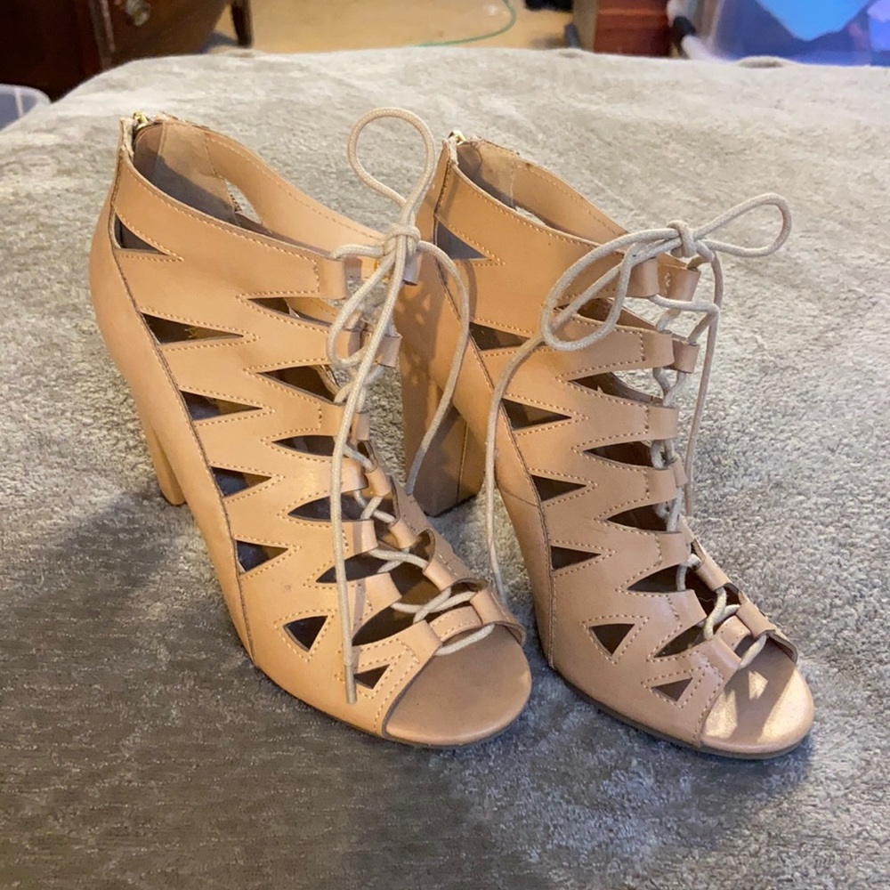 Bamboo, tan, unique lace up heels